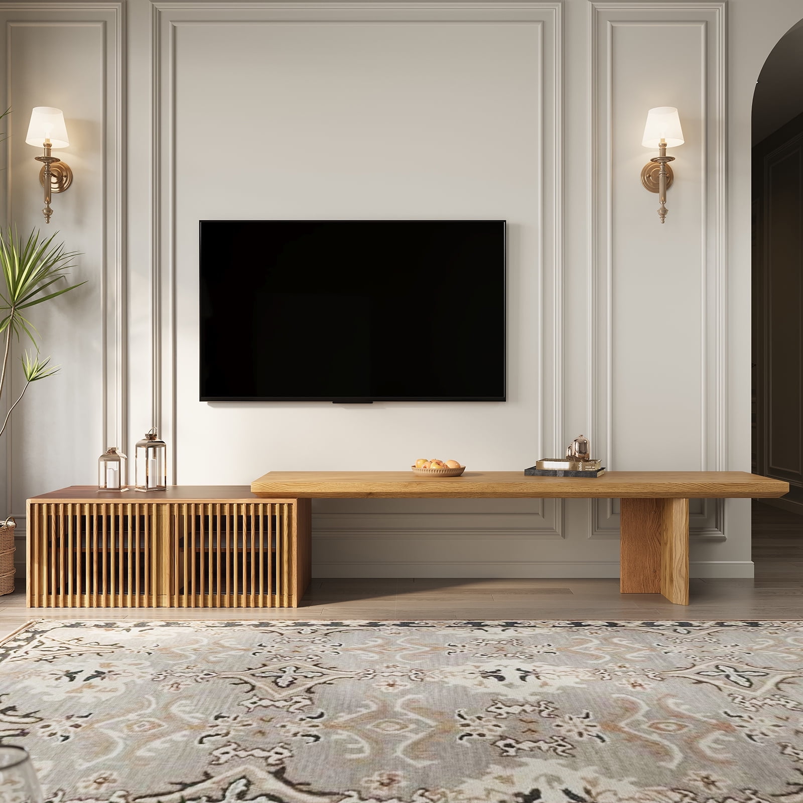 siu want ​​Extendable TV Stand with Storage for TVs Up to 100" - Adjustable Width (63.4"-94.5") Wood Color Media Console - Modern Entertainment Center for Living Room/Bedroom​