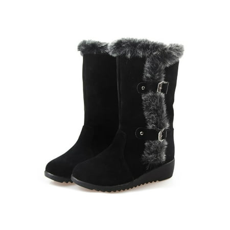 

Avamo Women Comfort Shoe Plush Lining Mid-Calf Boot Fuzzy Snow Boots Casual Warm Shoes Walking Furry Wedge Winter Fluffy Bootie Black 5