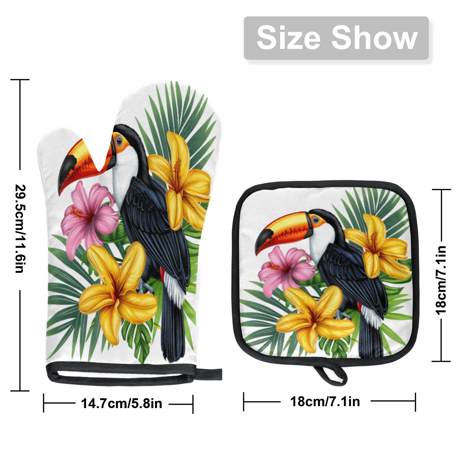CURLYOOT Toucan Oven Mitts and Pot Holders Sets of 2, Non-Slip Washable Tropical Plant Flower Bird Hot Pads and Oven Gloves for Kitchen Cooking Baking