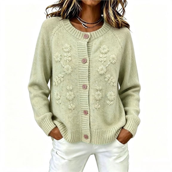 Bnwani Womens Plus Size Sweaters 3D Floral Embroidered Cardigan Sweater Casual Sweater Coat for Autumn Winter Daily Wear Green L