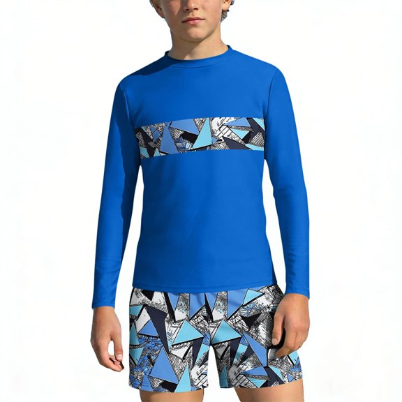 Babcutegg Summer Beach Two-Piece Swim Set for Kids – Long Sleeve Rash Guard Top with Tropical Print and Matching Swim Shorts for Sun Protection and Water Activities Blue Size 7/8