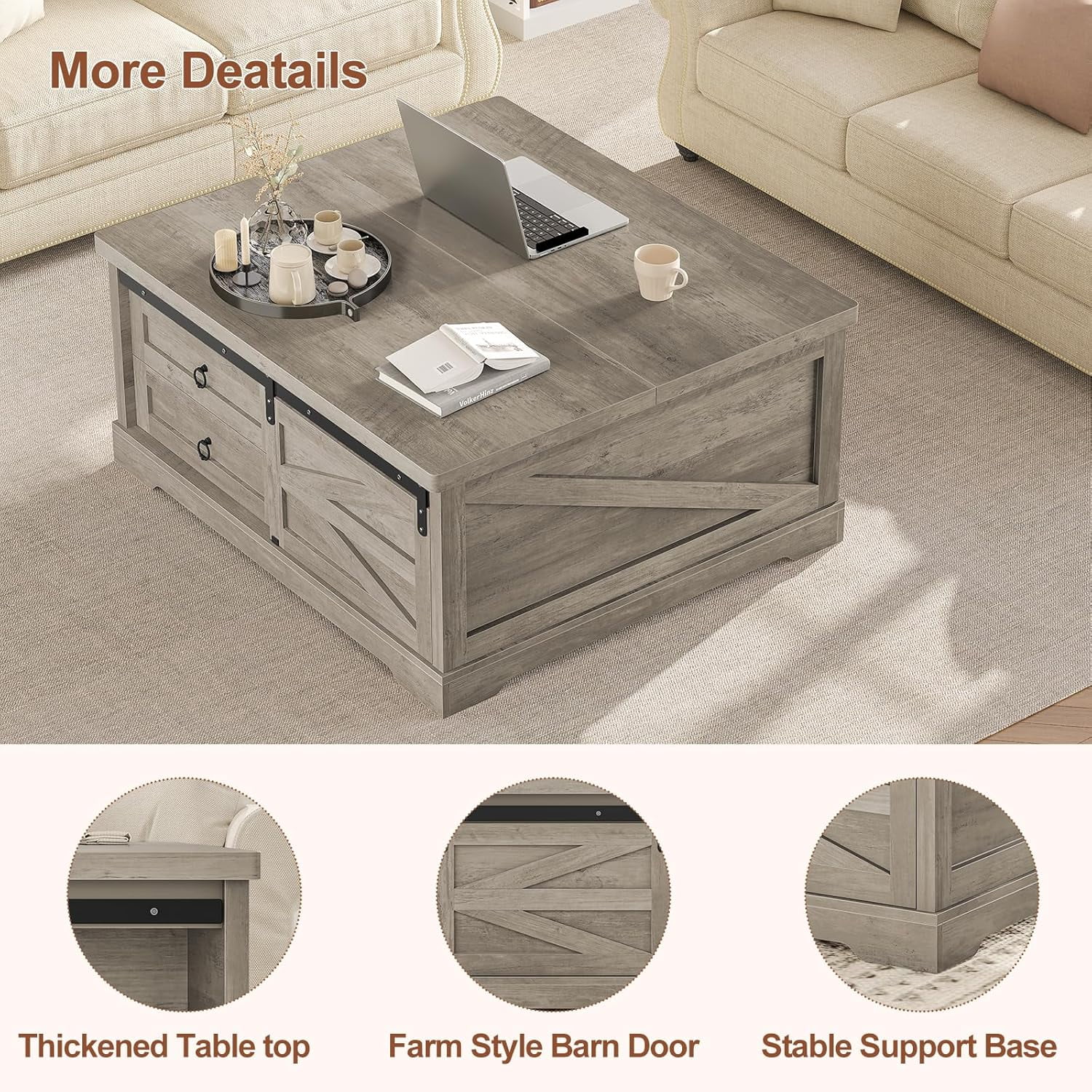 39.4" Lift-Top Coffee Table with Storage, Farmhouse Square Coffee Table with Drawers, Sliding Door and Hidden Storage Compartment, Center Table Gaming Station or Workspacefor Living Room, Grey