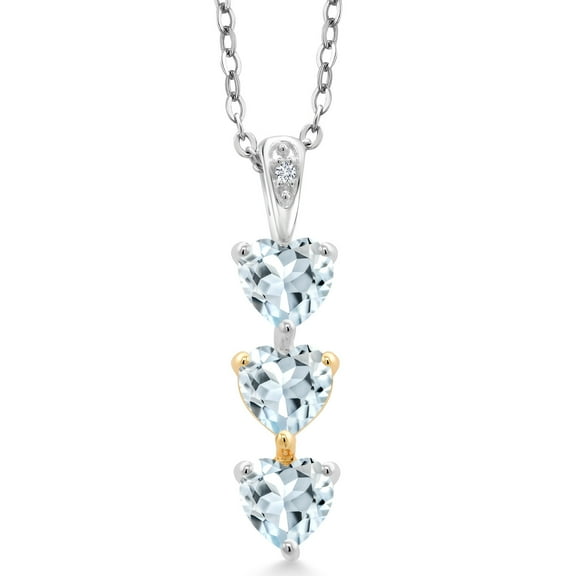 Gem Stone King Keren Hanan Lab Grown Diamond 3 Stone Heart Shape Pendant Necklace with Chain 1.25 Ct Sky Blue Aquamarine 925 Silver and 10K Yellow Gold