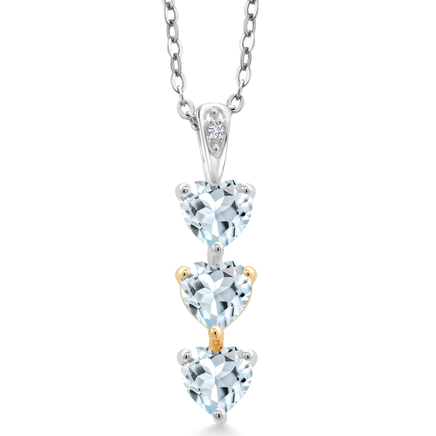 Gem Stone King Keren Hanan Lab Grown Diamond 3 Stone Heart Shape Pendant Necklace with Chain 1.25 Ct Sky Blue Aquamarine 925 Silver and 10K Yellow Gold
