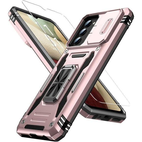 for Samsung Galaxy A25 Case with Upgraded Sliding Camera Lens Cover and Strong Magnetic Kickstand - Military-Grade Shockproof Protective Phone Case for Women Girls - Rose Gold