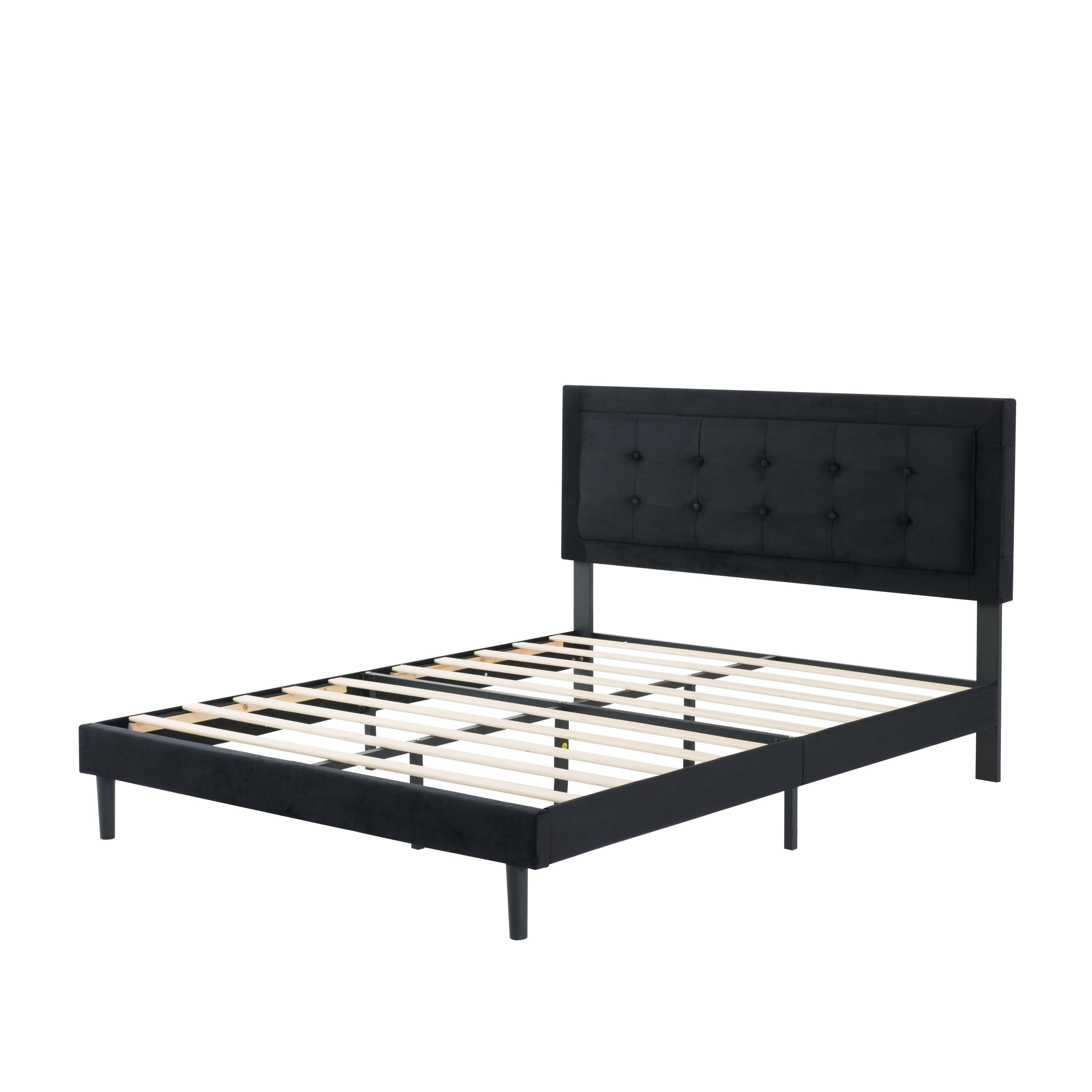 BSHTI Full Size Platform Bed Frame with Square Tufted Upholstered Headboard – Solid Wood Frame, 10 Wood Slats, Center Support Leg, Under-Bed Clearance, No Box Spring Needed, Black