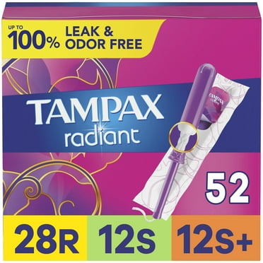 Tampax Radiant Tampons Multipack with LeakGuard Braid, Regular/Super/Super Plus Absorbency, Unscented, 52 Count