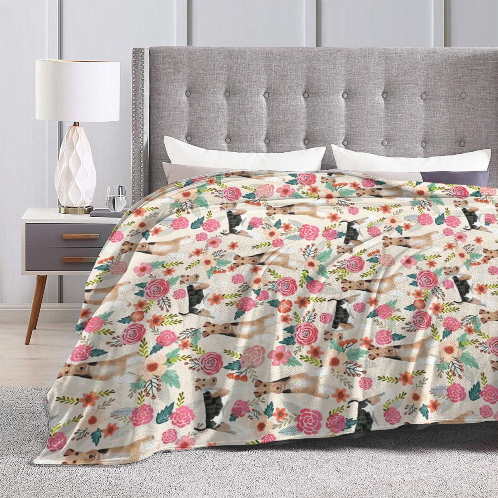 Wijzvio Wire Fox Terrier Dogs Lovers Flower Floral Throw Blanket Soft Fuzzy Fleece Blanket For Couch Bed Living Room Decoration 60"X50"