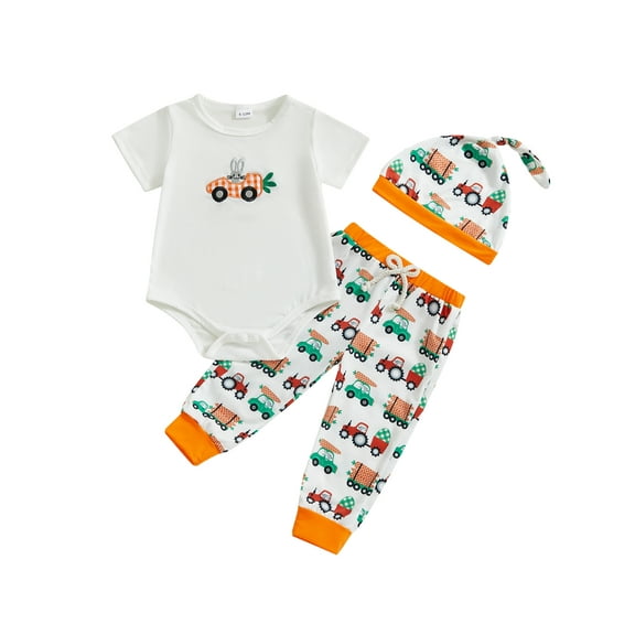 Baby Toddler Boys Easter Outfit,3 6 12 18 Months Short Sleeve Embroidery Romper with Truck Carrot Print Pants Hat Infant Clothes