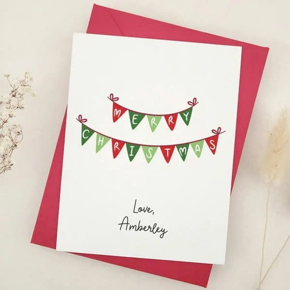 Merry Christmas Greeting Card – Festive Bunting Design – Blank Inside for Personal Messages – Includes Premium Envelope – Perfect Holiday Card for Family & Friends