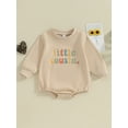 thumbnail image 2 of Suealasg Toddler Baby Boys Bubble Romper 3M 6M 12M 18M Infant Boys Khaki Long Sleeve Crew Neck Letter Print Jumpsuit Newborn Boys Cute One Piece Bodysuit Clothes, 2 of 8