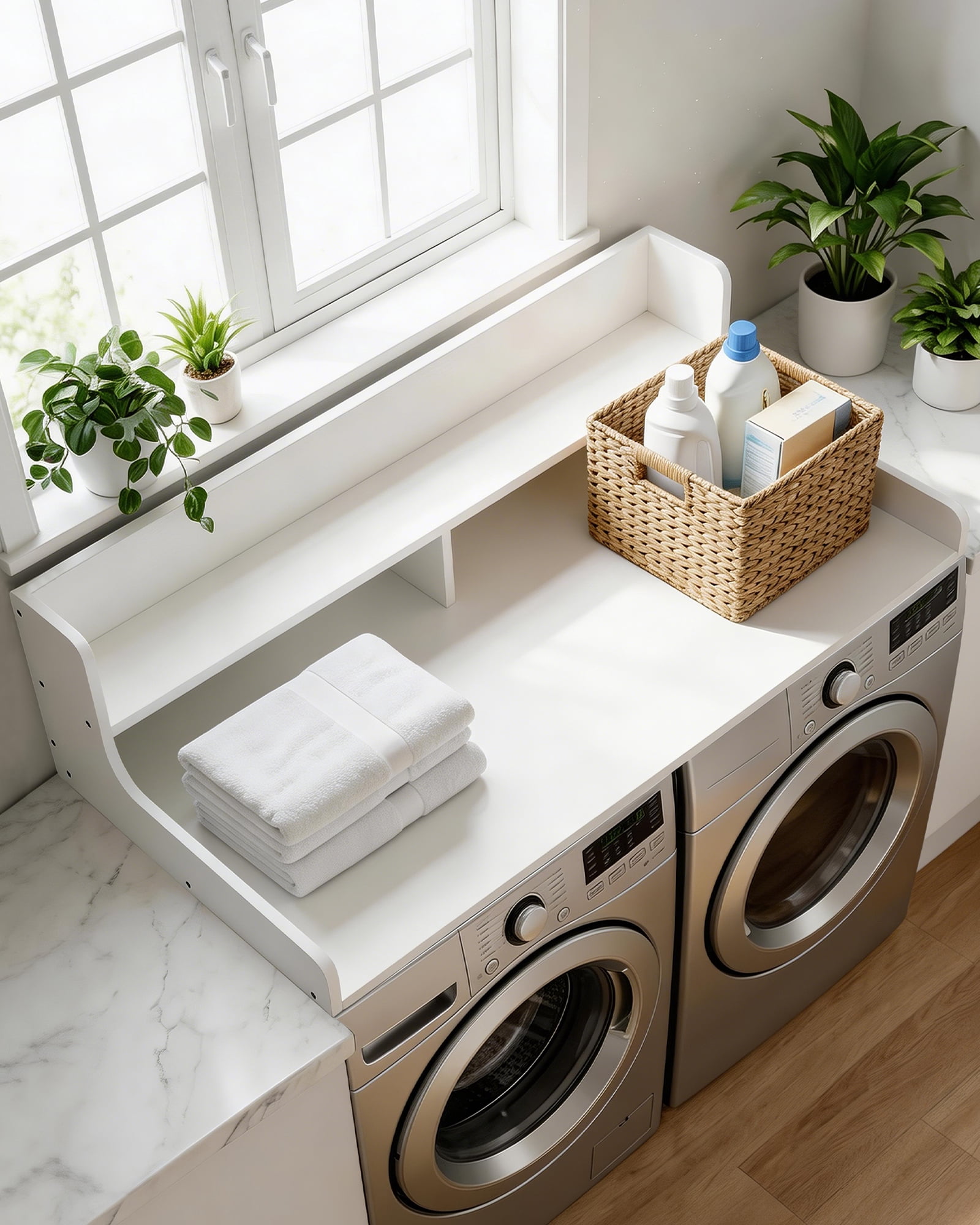 Washer Dryer Countertop, 54"x 27.5" Heavy Duty MDF Laundry Room Wood Shelf Topper, 12" Edge Rails Non Slip Pads Clothes Folding Station for Laundry Room Storage and Organization - White