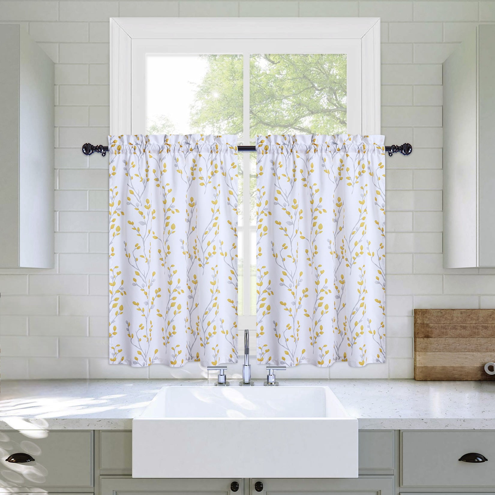 Cafe Curtains, Leaf Print Bathroom Window Curtains Farmhouse Home Decor ...