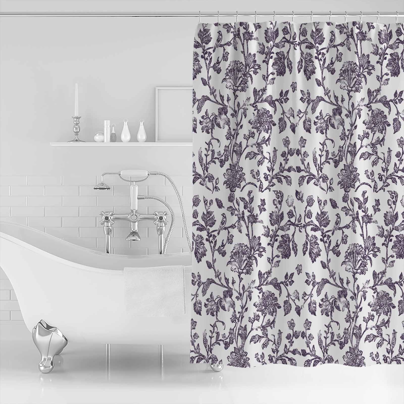 Extra Long Shower Curtain 72x96 Inch, Purple Flower Shower Curtain Waterproof Bathroom Decor Vintage Farmhouse Boho Leaf Spring Plant Fabric Bath Curtain Set Accessories with Hooks