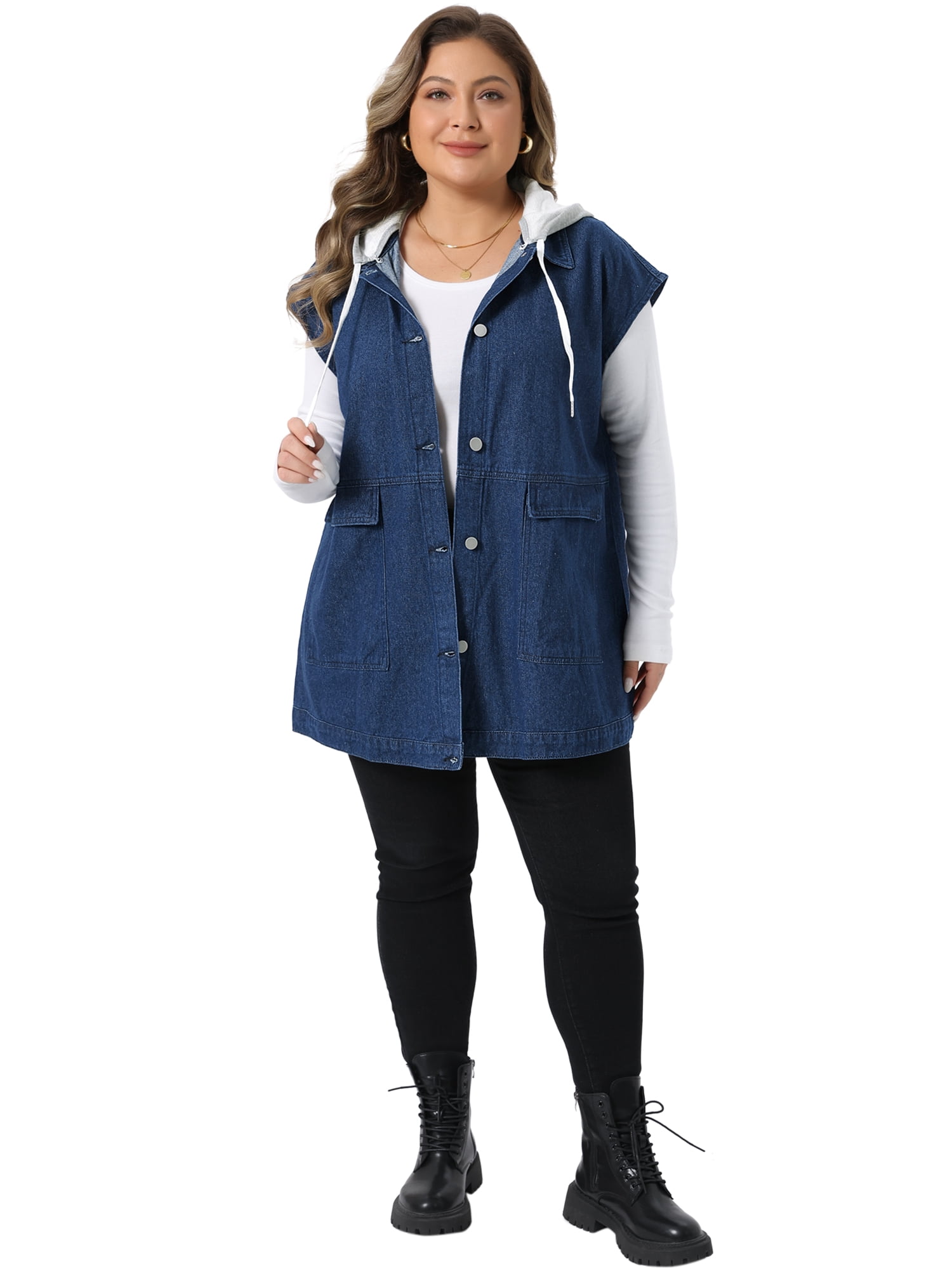 DARING DIVA Women's Plus Drawstring Hood Casual Denim Vest 2X Dark Blue