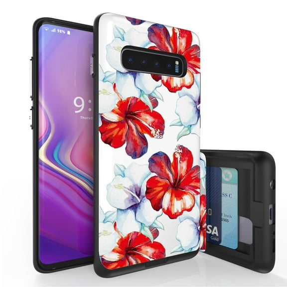 Galaxy S10  Case, Duo Shield Slim Wallet Case   Dual Layer Card Holder For Samsung Galaxy S10  [NOT S10 OR S10e] (Released 2019) Hibiscus Flower