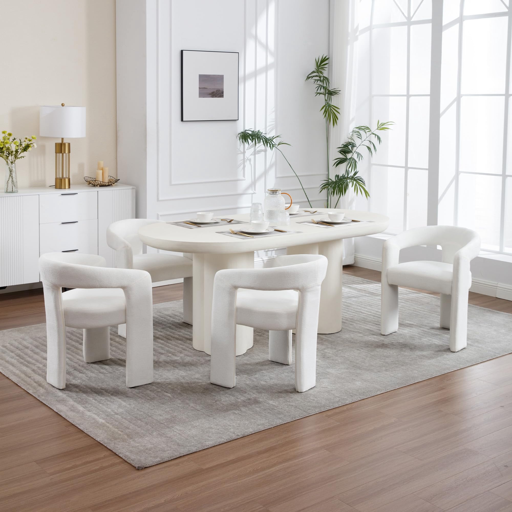 Tmsan Beige Modern Boucle Kitchen Chairs,Multipurpose Comfy Accent Armchair for Dining Room Living Room,2 Set Upholstered Barrel Kitchens Chair,Beige