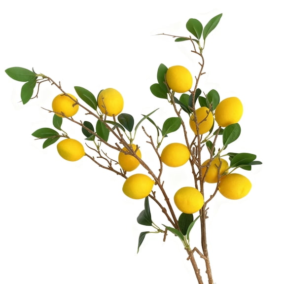 2 Bunches Artificial Lemon Stems, 12 Pcs Faux Lemon Fruit with Green Leaves, Fake Lemons Decor for Vase Filler, Kitchen Table Farmhouse Centerpiece Decor