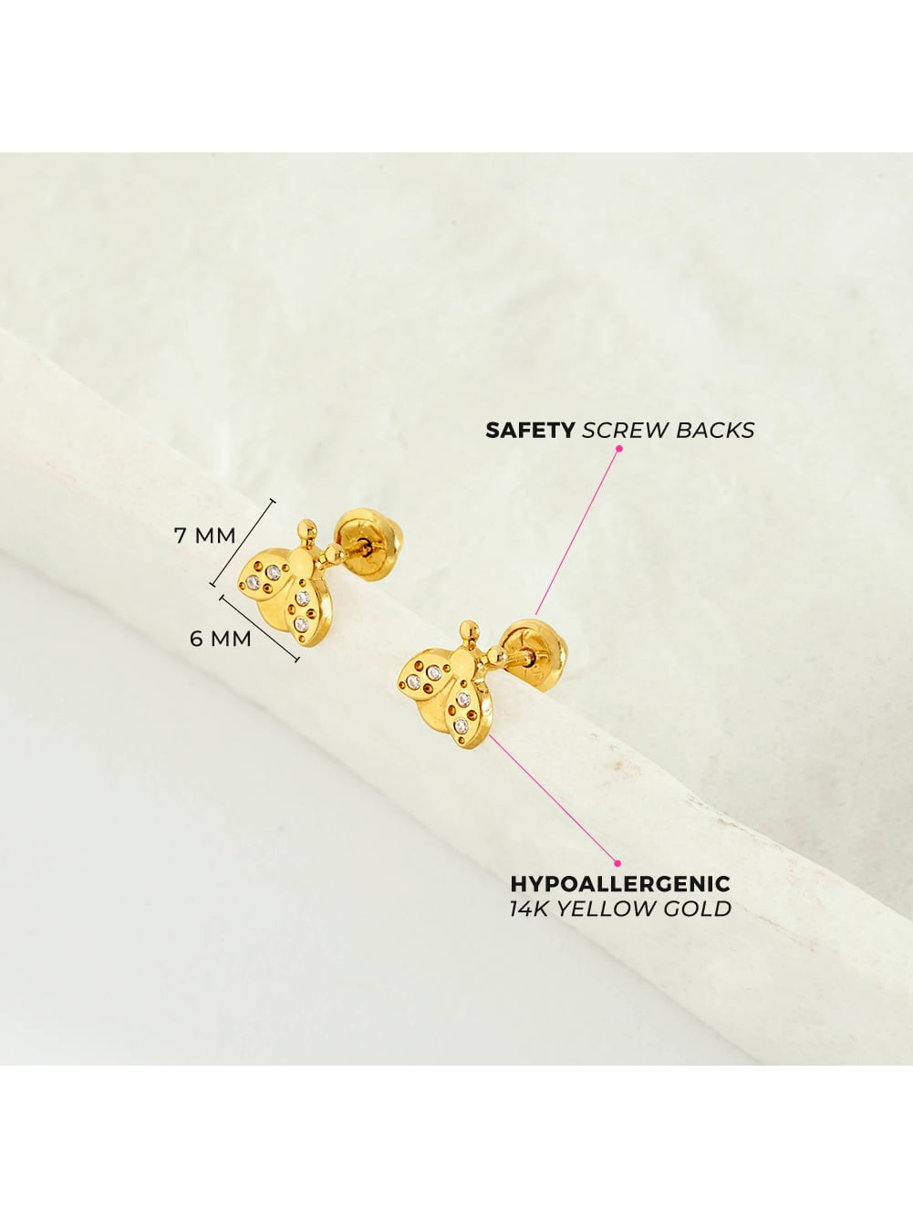 14k Gold Ladybug Clear CZ Kids / Children's / Girls Earrings Safety Screw Back
