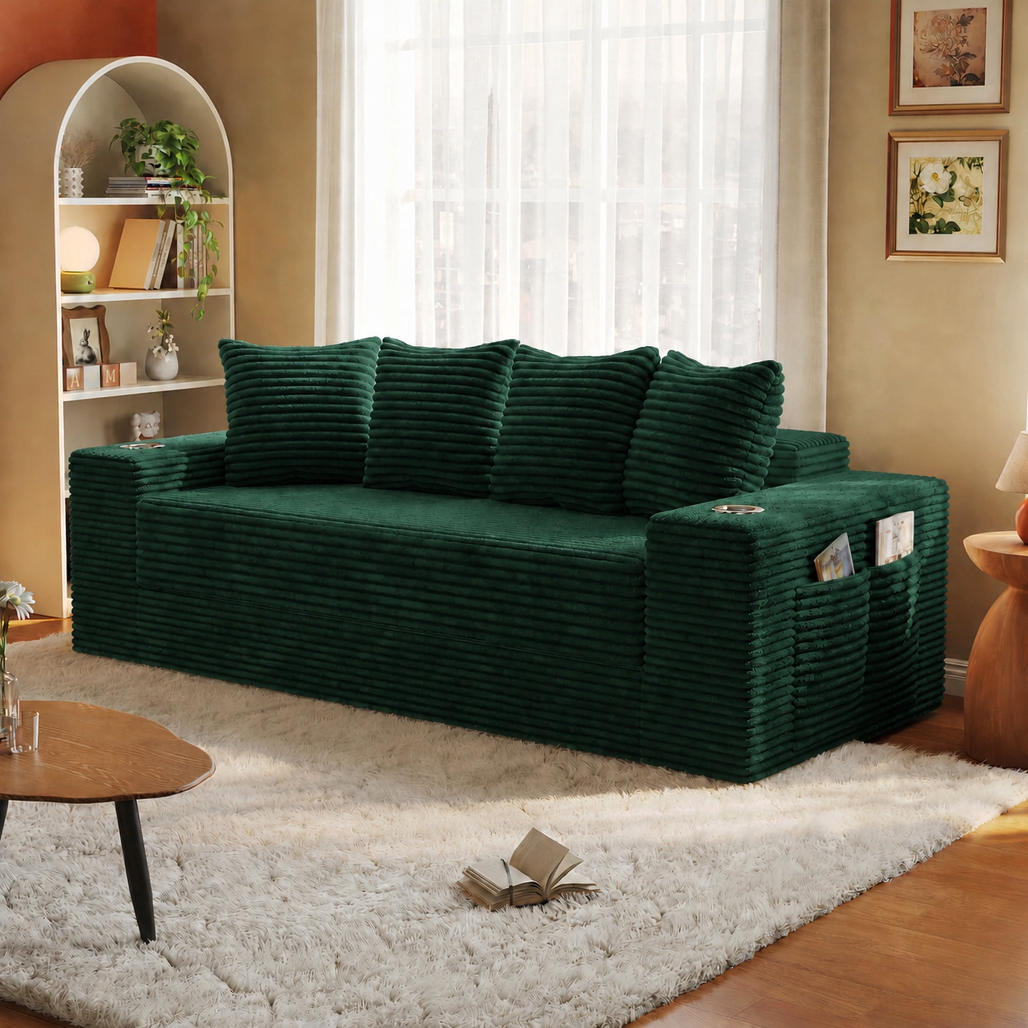 Leumius 2-in-1 Convertible Sofa Bed,Boneless Corduroy Modular Sleeper Couch with Cup Holders & Side Storage Pockets,Oversized Deep Seat Sofa for Living Room, Apartment, Guest Room,Green