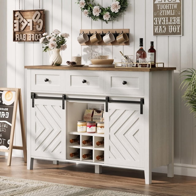 Farmhouse 47.2" Buffet Cabinet with Sliding Barn Door, 33.4" Tall Wood Rustic Sideboard with 3 Drawer, Adjustable Shelf and Removable Wine Rack for Dining Room, Kitchen, Living Room, White