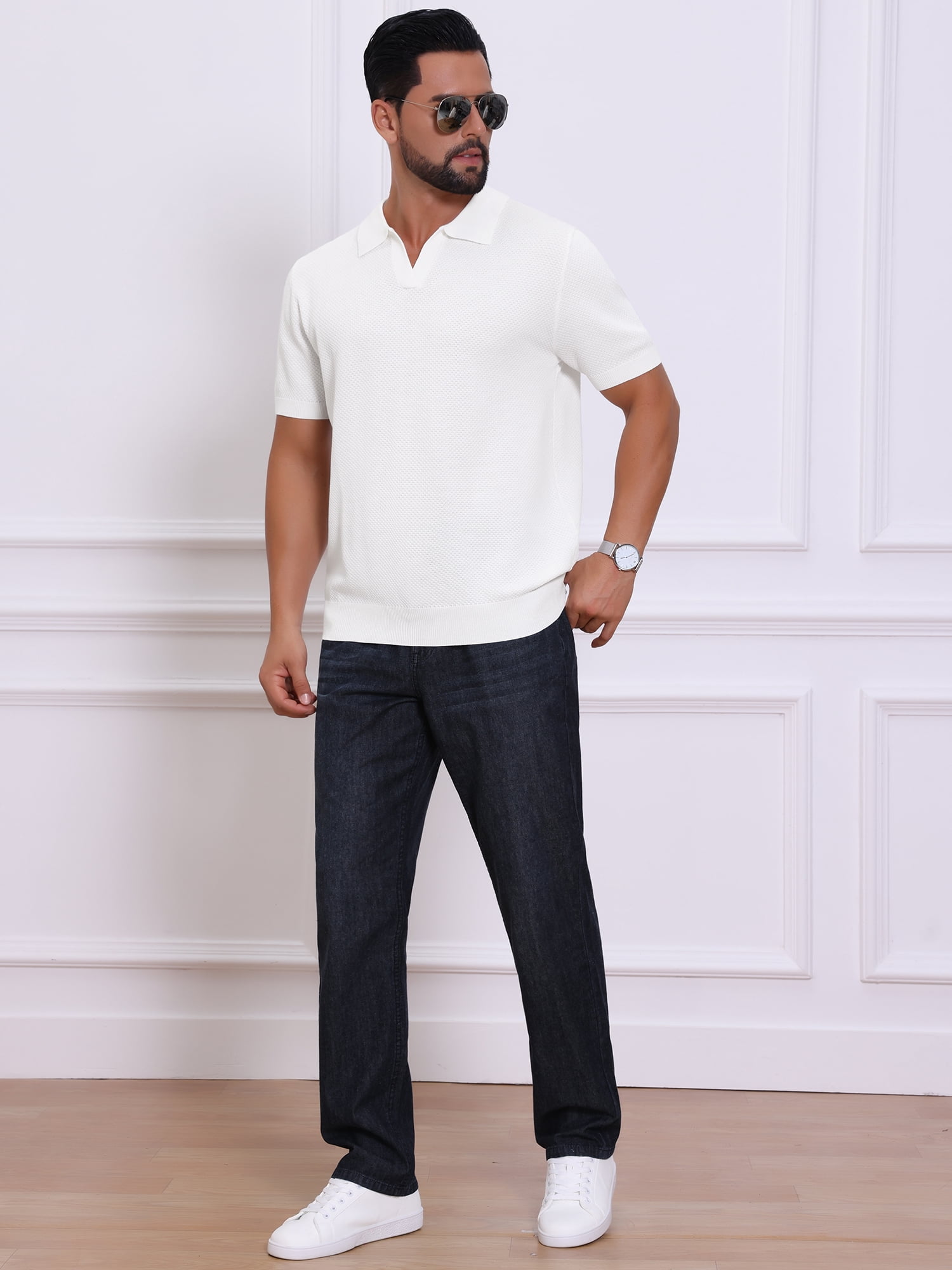 DARING DIVA Men's Textured Knit V Neck Short Sleeve Casual Golf Polo Shirt L White