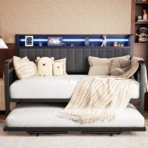 Hijob Modern Sturdy Metal Twin Daybed Frame with Trundle & Upholstered LED Headboard, Sofa Bed for Small Apartment, Gray & Black
