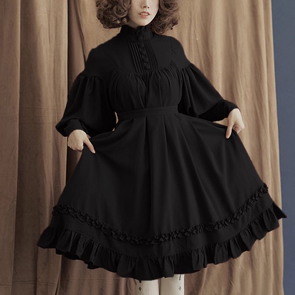ZHOGXU Women's Dress Long Sleeve Stand Collar Solid Color Lace Trim Fashion Comfortable Dresses For Party And Daily Wear,Black,L