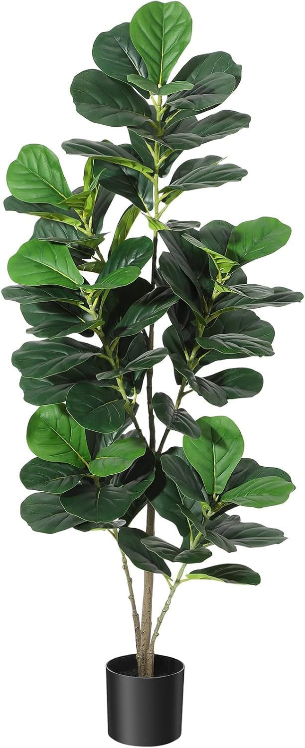 5FT Fiddle Leaf Fig Artificial Tree Faux Floor Plant, Potted Fake Fiddle Leaf Fig Tree for Indoor Outdoor Home Office Decor, with Black Planter Pot