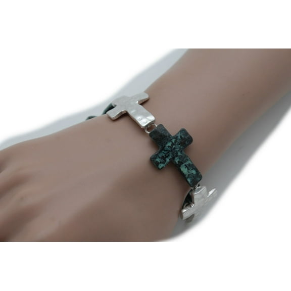 Women Antique Rusty Metal Turquoise Blue Silver Western Fashion Bracelet Cross