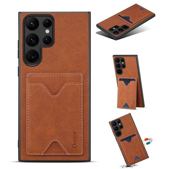 Case for Samsung Galaxy S23 Ultra Slim PU Leather Magnetic Bracket Back Wallet Case, Soft Silicone Shockproof Lens Protection Case with Hidden Card Slot Holder Kickstand Phone Cover,Brown