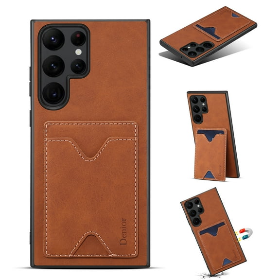 Case for Samsung Galaxy S23 Ultra Slim PU Leather Magnetic Bracket Back Wallet Case, Soft Silicone Shockproof Lens Protection Case with Hidden Card Slot Holder Kickstand Phone Cover,Brown