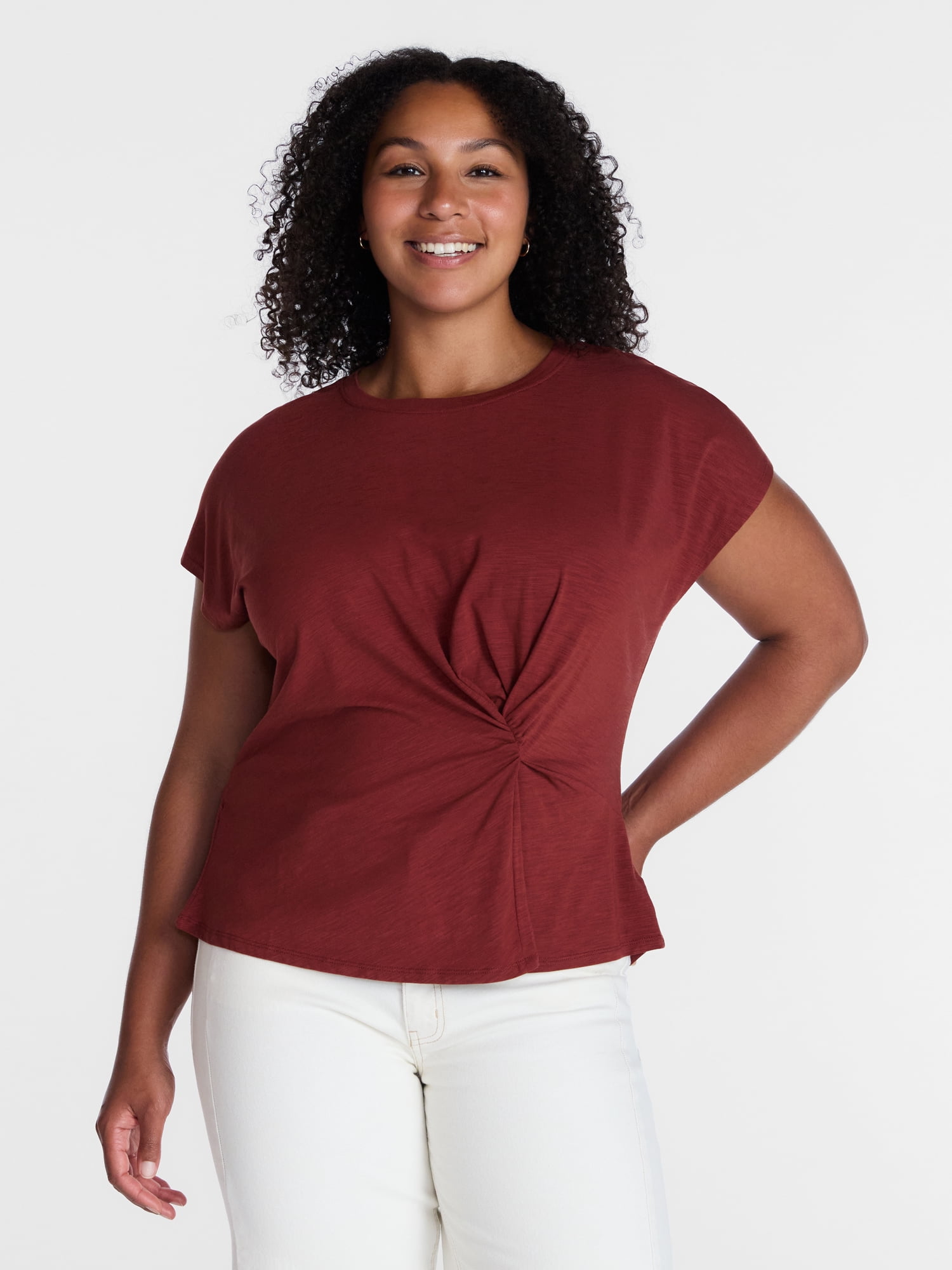 Time and Tru Women's Twist-Front Tee with Short Sleeves, Sizes XS-XXXL