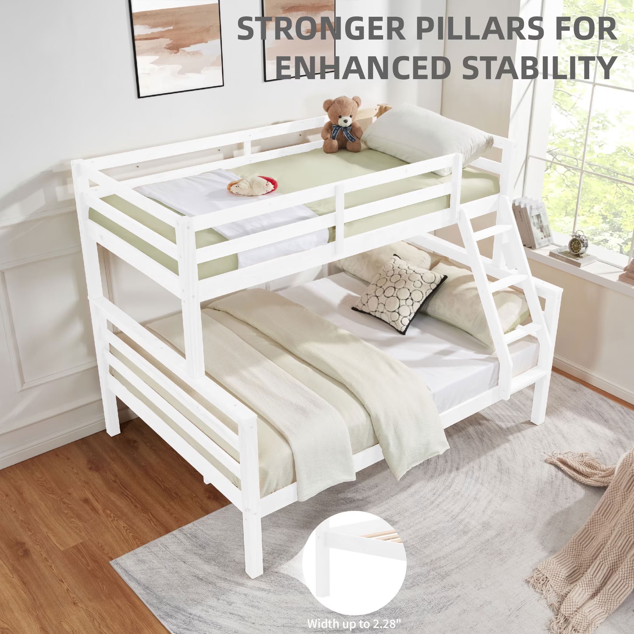 MAYEERTY Twin over Full Bunk Bed with Thick Posts, Solid Wood Bed Frame with High Guardrail and Ladder, for Kids Teens Dorm Rooms Guest Rooms, No Box Spring Needed
