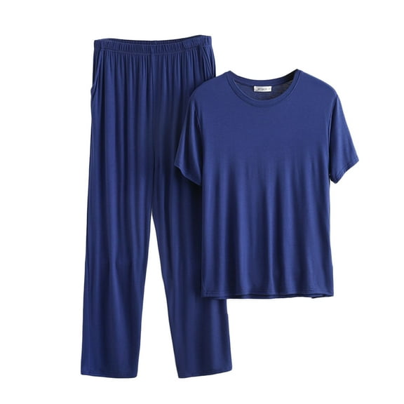 Npasoilc Pajama Sets for Men 2PC Short Sleeve Round Neck Lightweight Quick Dry Sleepwear Shirts with Elastic Waist Straight Leg Long Pants Casual Loose Comfy Loungewear Sets