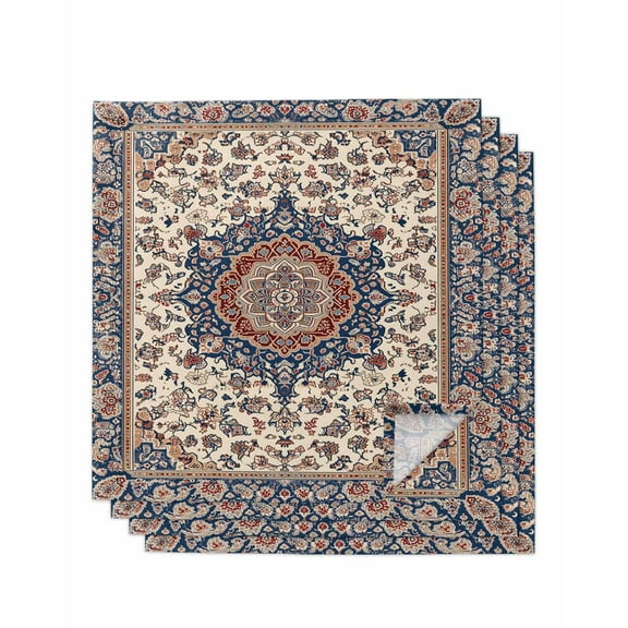 Blue Beige Boho Cloth Napkins Set of 4, Vintage Ethnic Geometric Abstract Washable Reusable Dinner Cocktail Napkin for Kitchen Party Wedding Banquet Holiday Baby Shower Table Decor