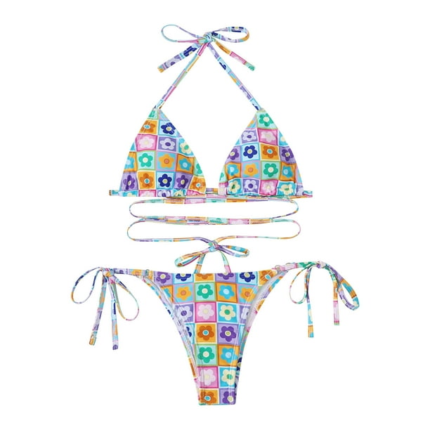 Traje de baño de bikini con cuello halter y estampado floral con almohadilla en el pecho para mujer sexy con tirantes divididos Fridja nalpqowj58540