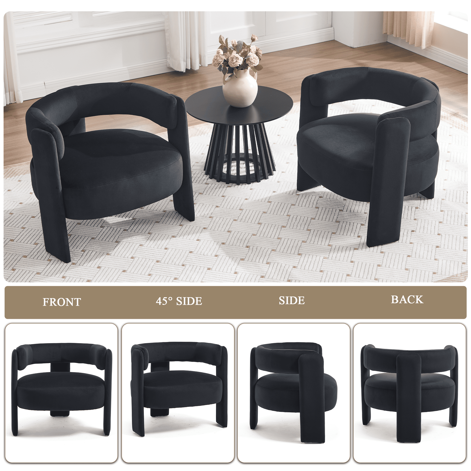 Aukfa Modern Velvet Barrel Accent Chair with 8.66" Thick Seat Cushion, Upholstered Armchair with 300 lb Weight Capacity for Living Room,Black
