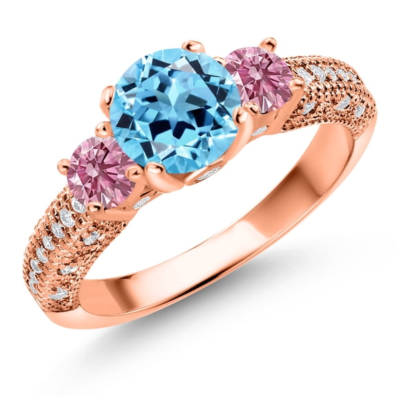 Gem Stone King 18K Rose Gold Plated Silver Swiss Blue Topaz Pink Lab Grown Diamond and White Moissanite Engagement Ring for Women (2.23 Cttw, Gemstone November Birthstone, Round 7MM and 4MM, Size 5)