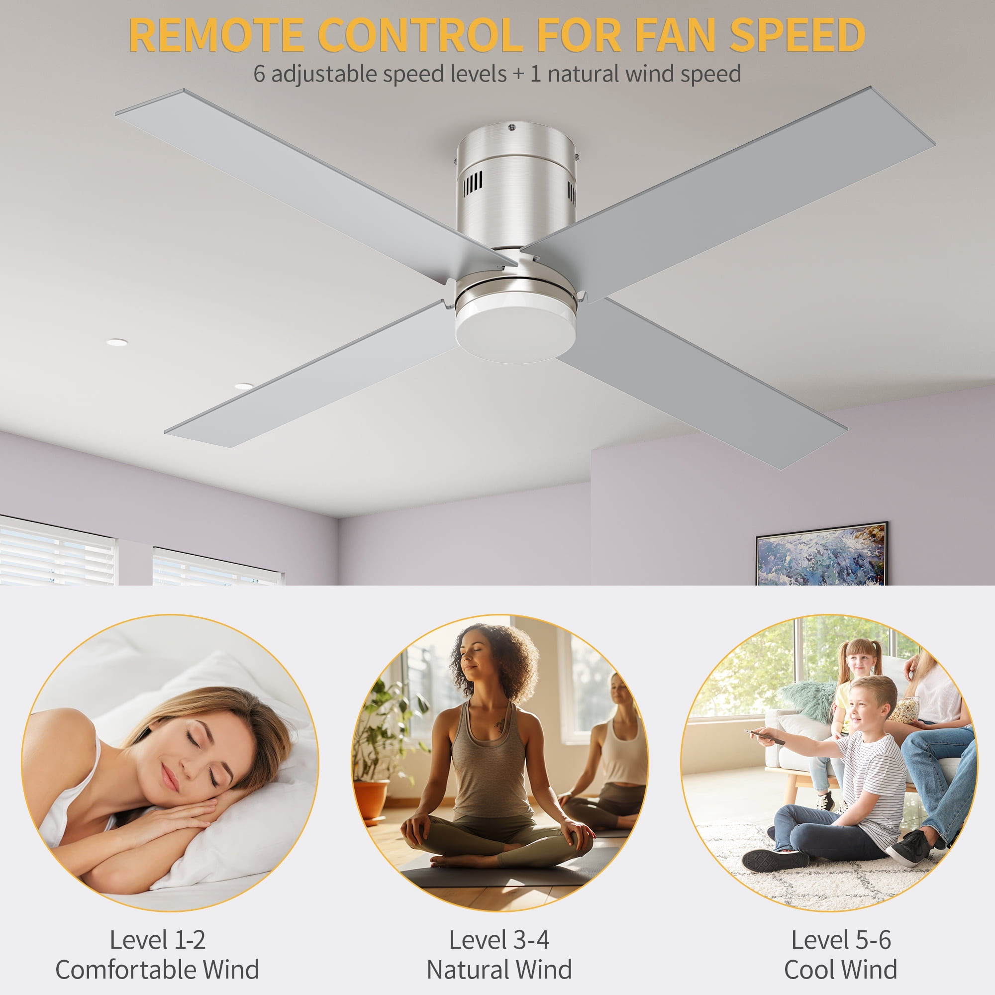 Uforic 52" Ceiling Fan with Light and Remote Control with Reversible 4 Blades, Nickel