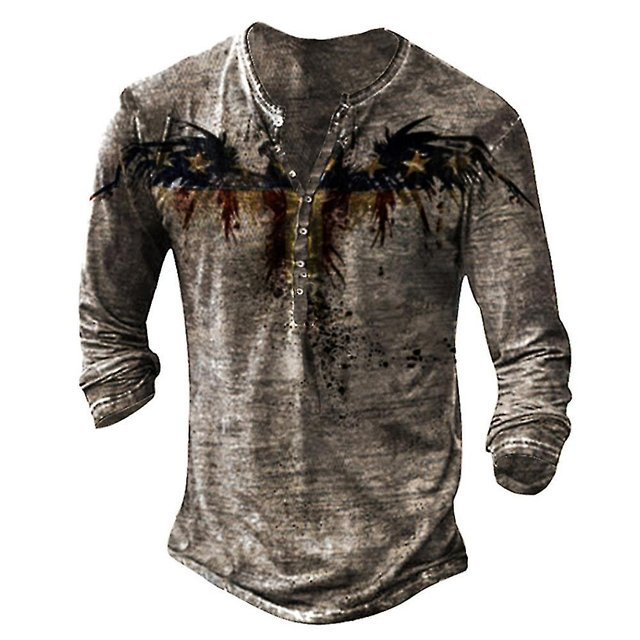 Camiseta de manga larga estampada para hombre Camiseta suelta casual Camisetas Henley ShirtKhakiXL