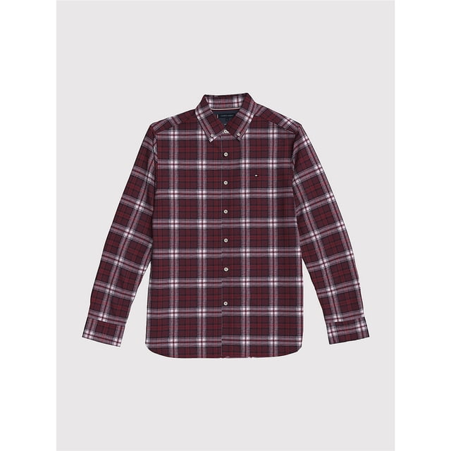 Tommy Hilfiger Mens Brushed Plaid Button Up Shirt, rouge, S Neck