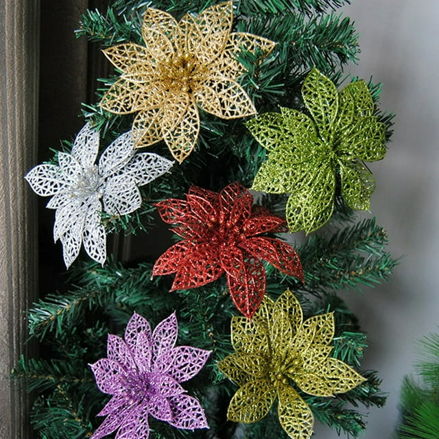 POINTERTECK 5Pcs Glitter Hollow Artificial Christmas Flower Ornament Xmas Tree Garland Decor Red One Size