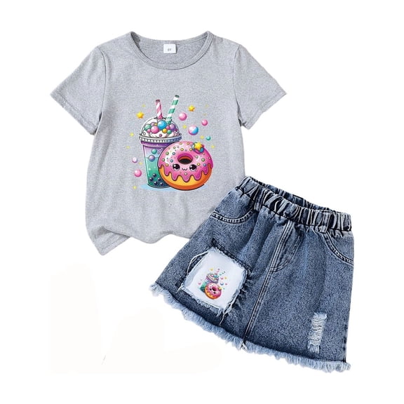 Jamsmile Toddler Girls Outfits Sets Summer Cartoon Print Tshirtss And Denim Skirts 2 Piece Comfy Casual Kids Girls Playwear