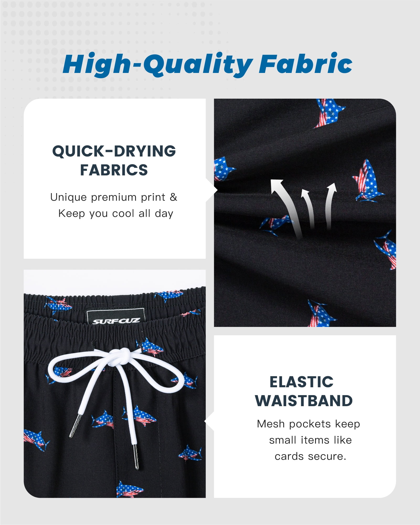 SURF CUZ Mens Swim Trunks with Compression Liner Mens Swimming Trunks 5 Inch Bathing Suit with Zipper Pockets Quick Dry Swim Shorts American Flag Shark XX-Large