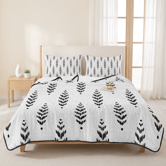 3 Pieces Queen Quilt Set,Modern Scandi Botanical Leaves Soft Bedding Sets with 1 Quilt & 2 Pillow Shams,Minimalist Black Leaf on White Summer Bedspread Lightweight Coverlet Comforter for All Season