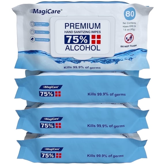 MagiCare Alcohol Hand Wipes - 75% Alcohol, Unscented, Large 6"x8" Wipes, 4 Packs (320ct) for Home, Office, Travel Use