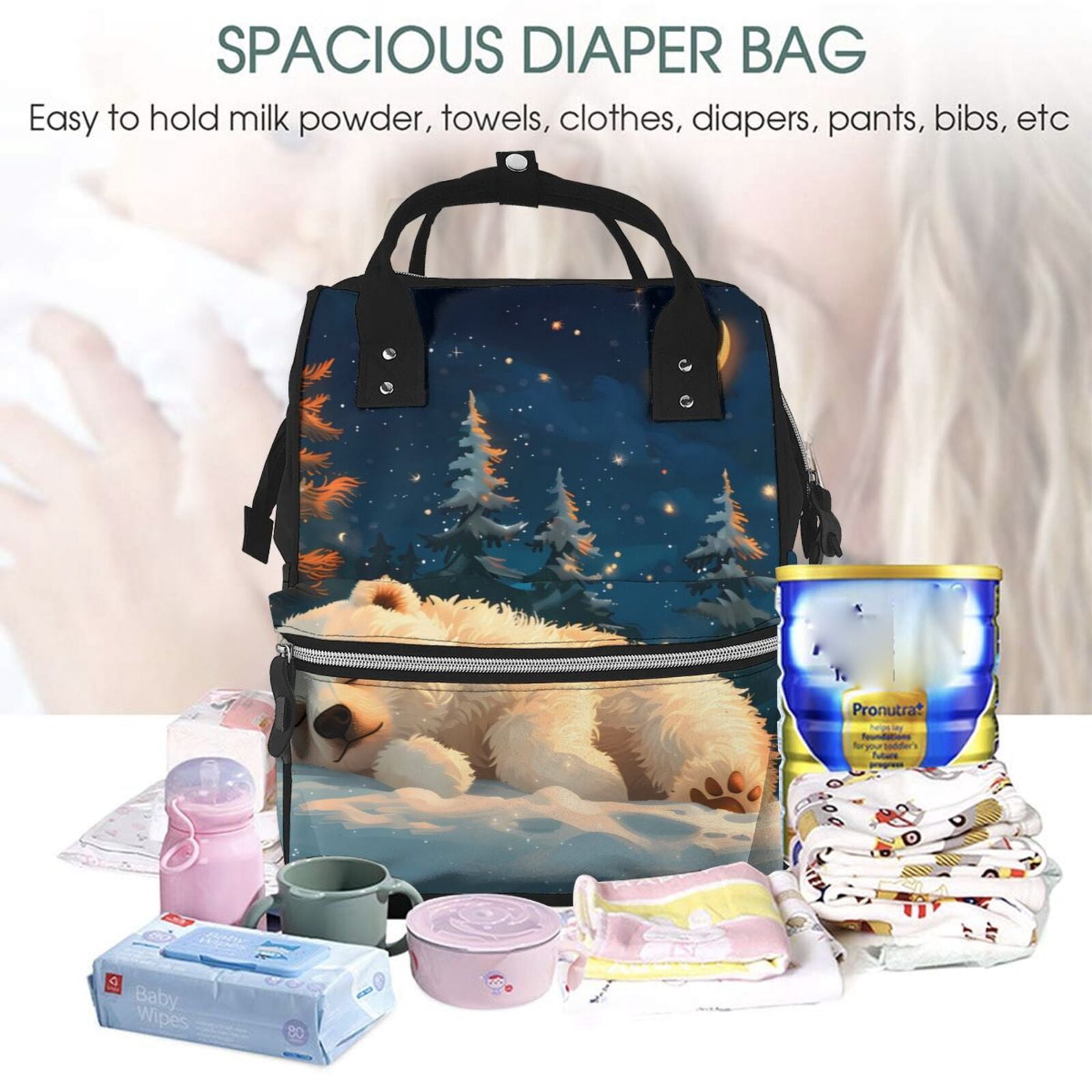 Fuzoiu Starry Sky Sleep White Bear Print Diaper Bag Backpack,Baby Essentials Travel Tote,Multi function Waterproof Diaper Bag, Travel Essentials Baby Bag - Unisex