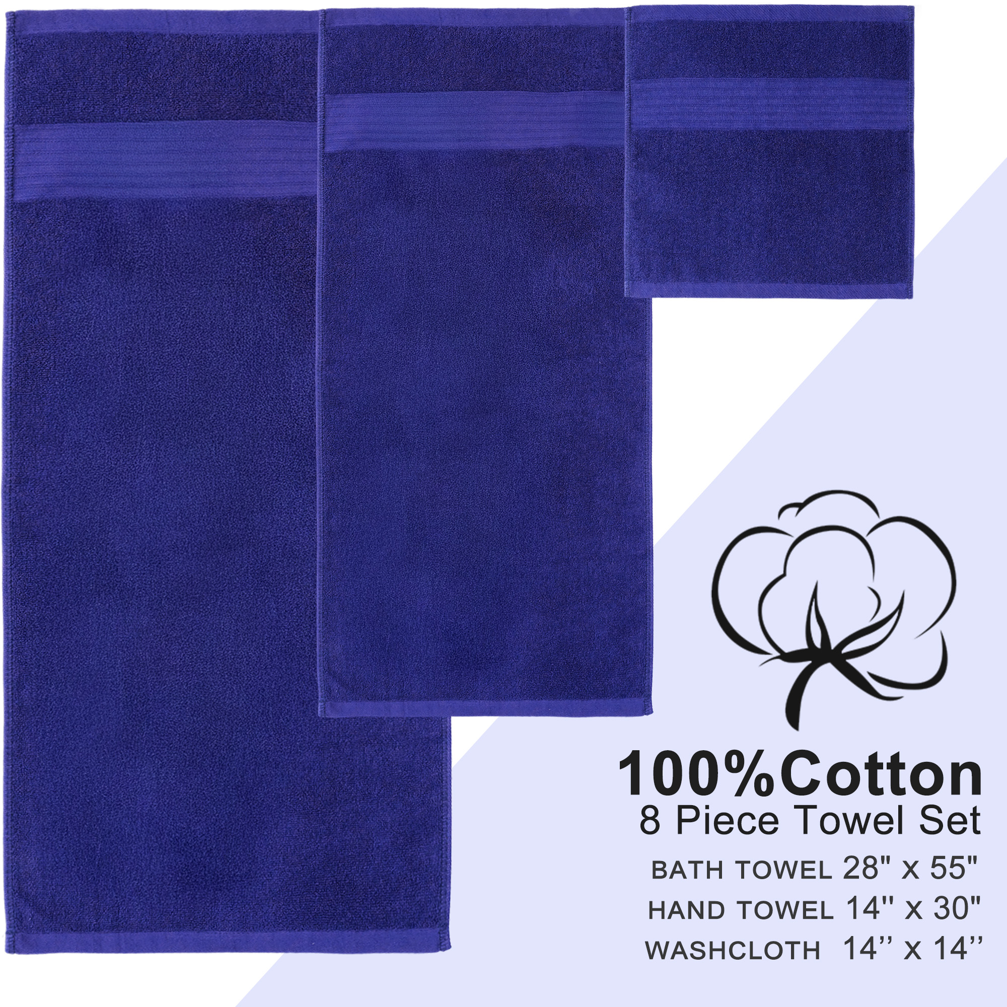8 Piece Cotton Bath Towel Set, 2 Large Bath Towel, 2 Hand Towels & 4 Wash cloths For Gym, Spa and Bathroom, Dark Gray
