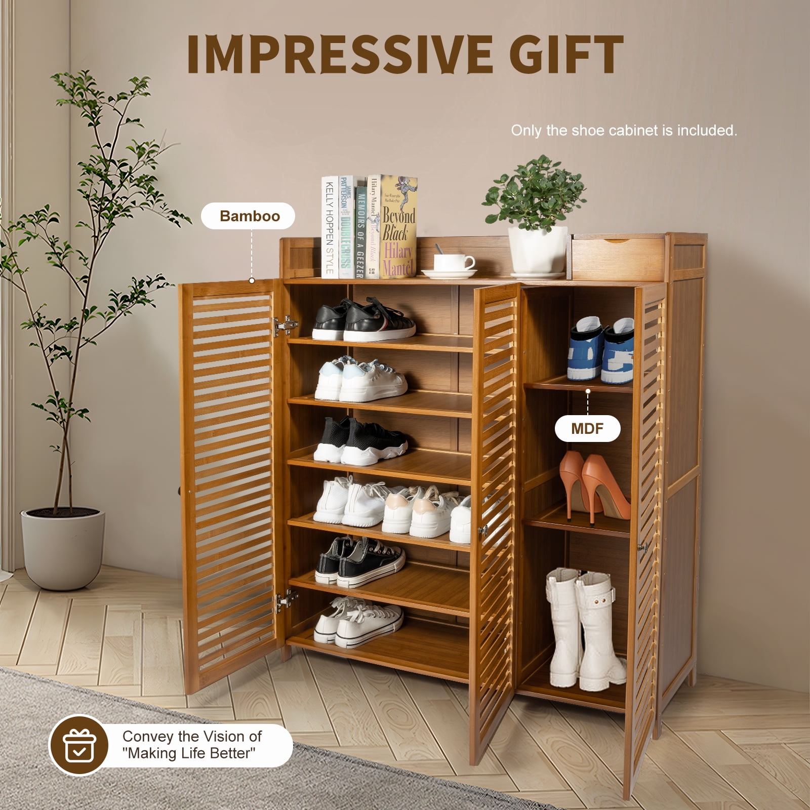 DUYIWAA 7-layer Bamboo Shoe Storage Rack Entryway 3-Door Shoe Cabinet Shoes Boots Organizer